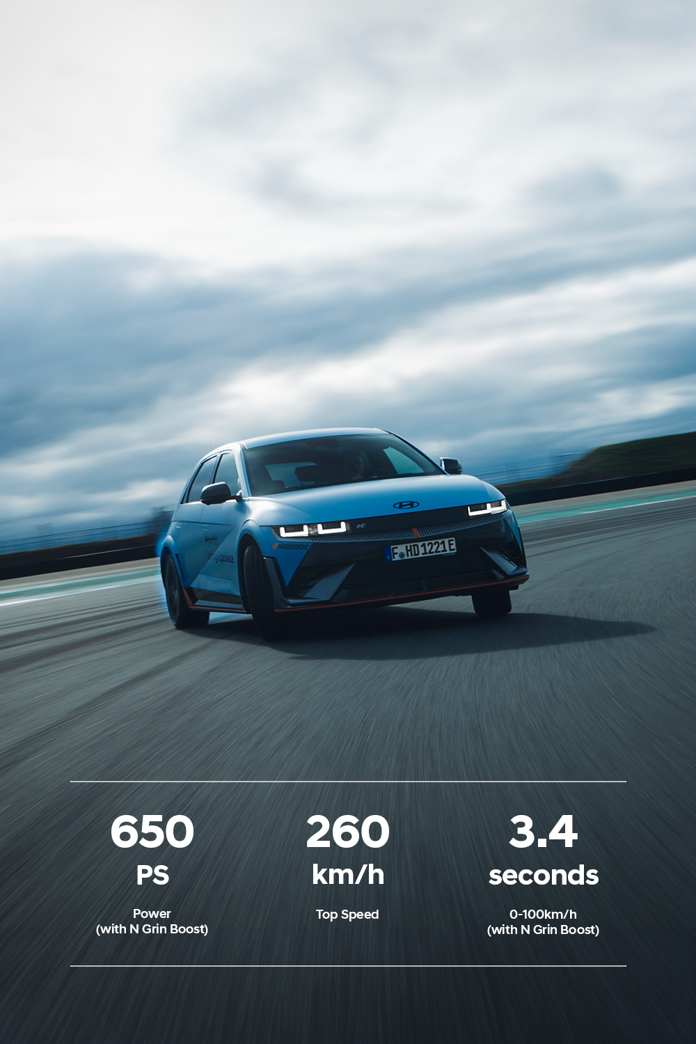 Hyundai IONIQ 5 N fährt auf einer Rennstrecke unter dramatischem Himmel und zeigt seine Leistungsspezifikationen: 650 PS, 260 km/h Höchstgeschwindigkeit und 3,4 Sekunden Beschleunigung von 0 auf 100 km/h.