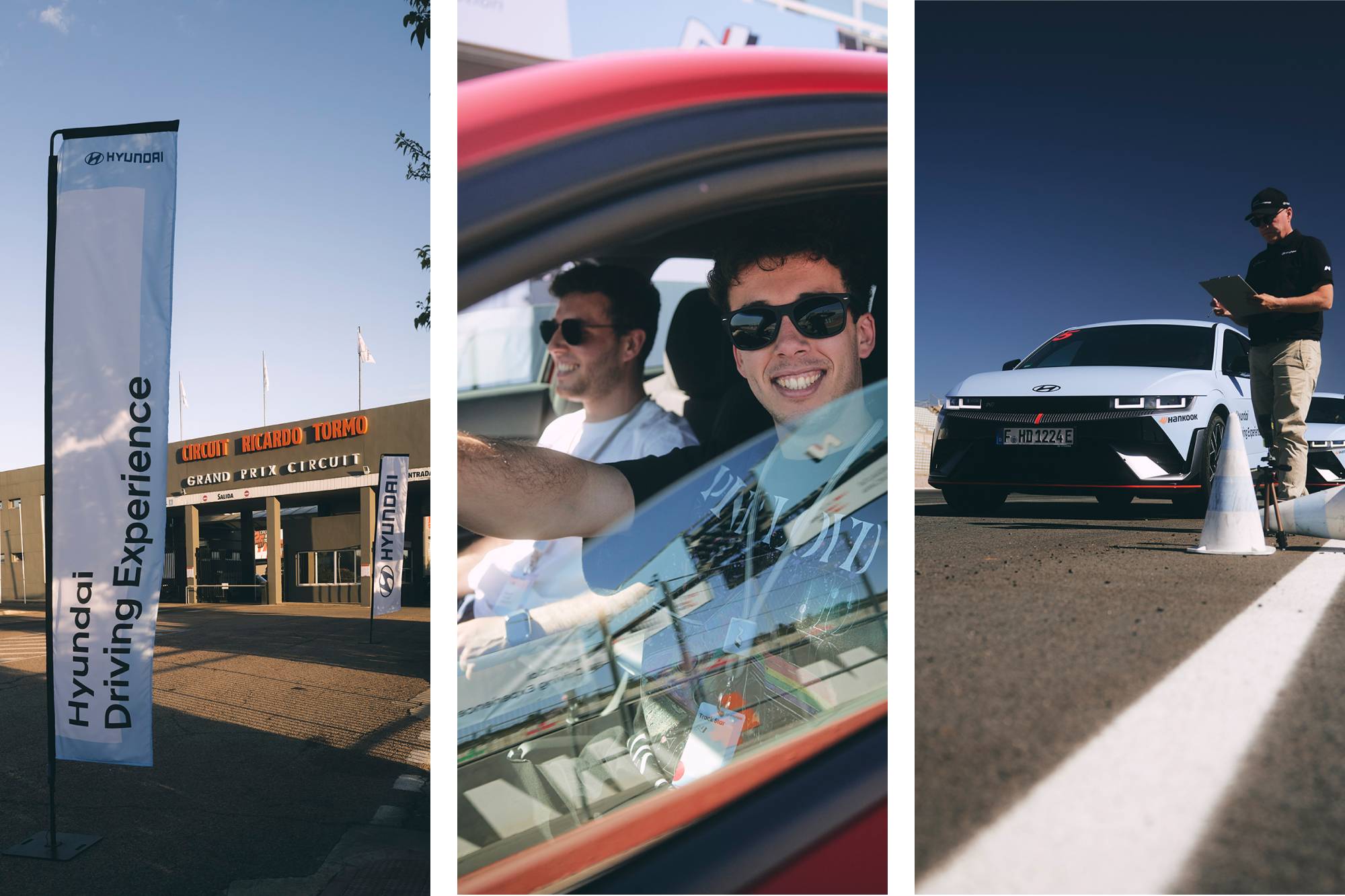 Hyundai Driving Experience flag waving in front of Ricardo Tormo Circuit venue. People smiling in a Hyundai car. Instructor standing next to Hyundai IONIQ 5 N.
